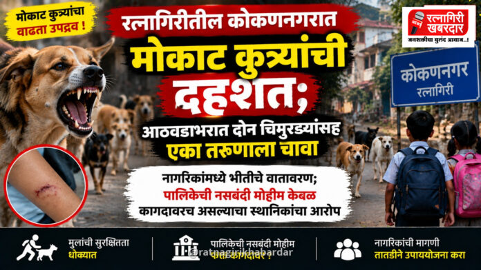 रत्नागिरीतील कोकणनगरात मोकाट कुत्र्यांची दहशत; आठवडाभरात दोन चिमुरड्यांसह एका तरुणाला चावा रत्नागिरीतील कोकणनगरात मोकाट कुत्र्यांची दहशत; आठवडाभरात दोन चिमुरड्यांसह एका तरुणाला चावा