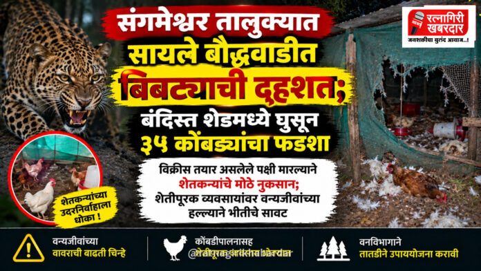 संगमेश्वर तालुक्यात सायले बौद्धवाडीत बिबट्याची दहशत; बंदिस्त शेडमध्ये घुसून ३५ कोंबड्यांचा फडशा