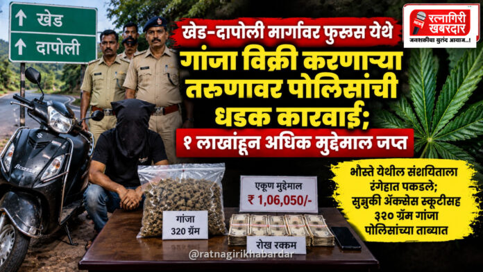 खेड-दापोली मार्गावर फुरूस येथे गांजा विक्री करणाऱ्या तरुणावर पोलिसांची धडक कारवाई; १ लाखांहून अधिक मुद्देमाल जप्त खेड-दापोली मार्गावर फुरूस येथे गांजा विक्री करणाऱ्या तरुणावर पोलिसांची धडक कारवाई; १ लाखांहून अधिक मुद्देमाल जप्त