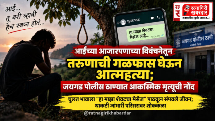 आईच्या आजारपणाच्या विवंचनेतून तरुणाची गळफास घेऊन आत्महत्या; जयगड पोलीस ठाण्यात आकस्मिक मृत्यूची नोंद आईच्या आजारपणाच्या विवंचनेतून तरुणाची गळफास घेऊन आत्महत्या; जयगड पोलीस ठाण्यात आकस्मिक मृत्यूची नोंद