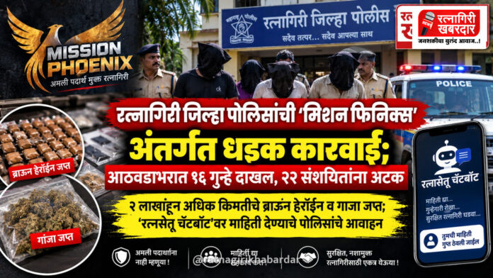 रत्नागिरी जिल्हा पोलिसांची ‘मिशन फिनिक्स’ अंतर्गत धडक कारवाई; आठवडाभरात १६ गुन्हे दाखल, २२ संशयितांना अटक रत्नागिरी जिल्हा पोलिसांची ‘मिशन फिनिक्स’ अंतर्गत धडक कारवाई; आठवडाभरात १६ गुन्हे दाखल, २२ संशयितांना अटक