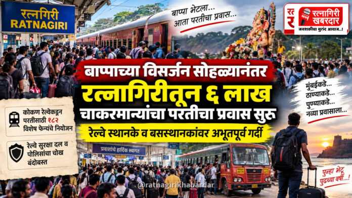 बाप्पाच्या विसर्जन सोहळ्यानंतर रत्नागिरीतून ६ लाख चाकरमान्यांचा परतीचा प्रवास सुरू; रेल्वे स्थानके व बसस्थानकांवर अभूतपूर्व गर्दी बाप्पाच्या विसर्जन सोहळ्यानंतर रत्नागिरीतून ६ लाख चाकरमान्यांचा परतीचा प्रवास सुरू; रेल्वे स्थानके व बसस्थानकांवर अभूतपूर्व गर्दी