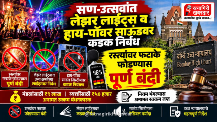 सण-उत्सवांत लेझर लाईट्स आणि उच्च क्षमतेच्या स्पीकर सिस्टीमवर कडक निर्बंध; रस्त्यांवर फटाके फोडण्यास उच्च न्यायालयाची पूर्ण बंदी सण-उत्सवांत लेझर लाईट्स आणि उच्च क्षमतेच्या स्पीकर सिस्टीमवर कडक निर्बंध; रस्त्यांवर फटाके फोडण्यास उच्च न्यायालयाची पूर्ण बंदी
