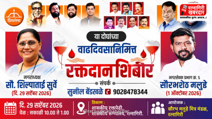 रत्नागिरीच्या नगराध्यक्षा शिल्पा सुर्वे व नगरसेवक सौरभ मलुष्टे यांच्या वाढदिवसानिमित्त रक्तदान शिबिराचे आयोजन