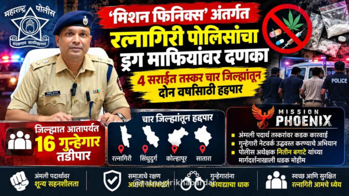 ‘मिशन फिनिक्स’ अंतर्गत रत्नागिरी पोलिसांचा ड्रग माफियांवर दणका; ४ सराईत तस्कर चार जिल्ह्यांतून दोन वर्षांसाठी हद्दपार ‘मिशन फिनिक्स’ अंतर्गत रत्नागिरी पोलिसांचा ड्रग माफियांवर दणका; ४ सराईत तस्कर चार जिल्ह्यांतून दोन वर्षांसाठी हद्दपार