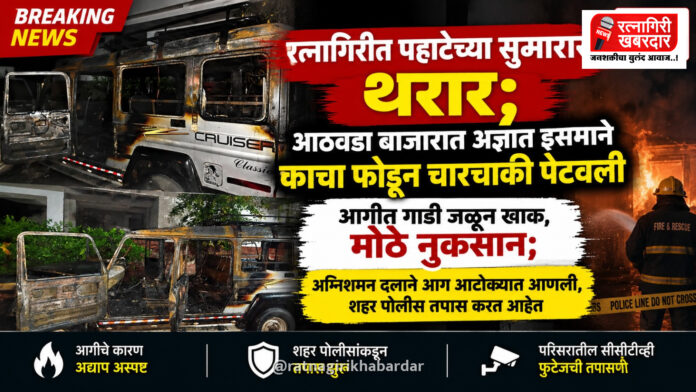 Breaking : रत्नागिरीत पहाटेच्या सुमारास थरार; आठवडा बाजारात अज्ञात इसमाने काचा फोडून चारचाकी पेटवली