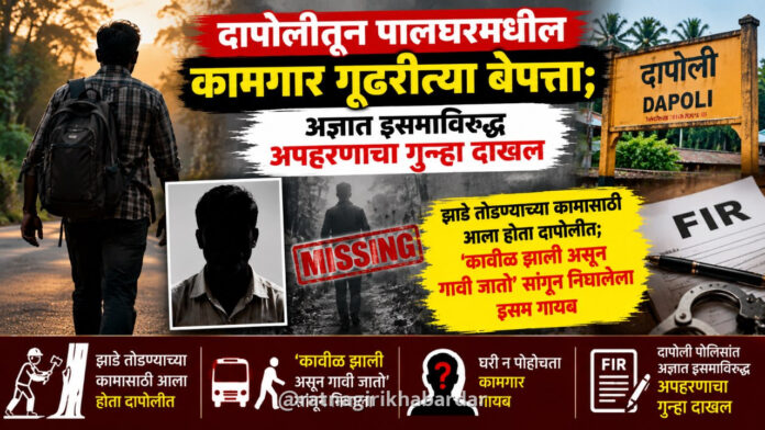 दापोलीतून पालघरमधील कामगार गूढरीत्या बेपत्ता; अज्ञात इसमाविरुद्ध अपहरणाचा गुन्हा दाखल