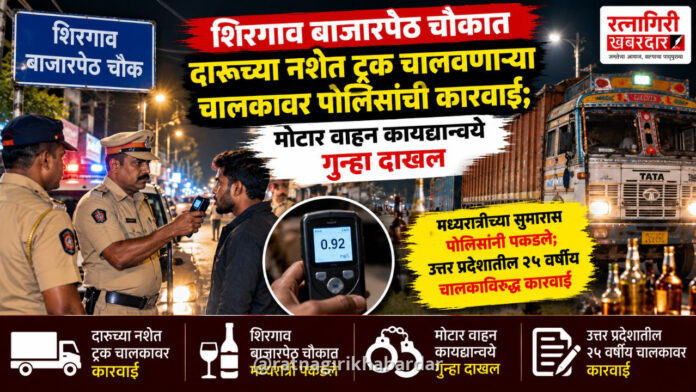 शिरगाव बाजारपेठ चौकात दारूच्या नशेत ट्रक चालवणाऱ्या चालकावर अलोरे-शिरगाव पोलिसांची कारवाई; मोटार वाहन कायद्यान्वये गुन्हा दाखल