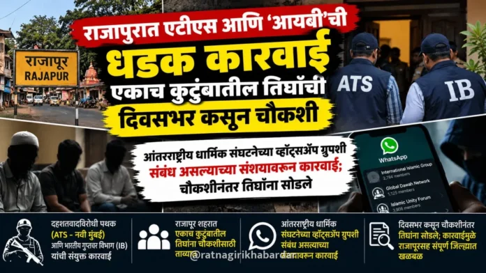 Rajapur ATS IB Joint Operation: राजापुरात एटीएस आणि 'आयबी'ची धडक कारवाई; एकाच कुटुंबातील तिघांची दिवसभर कसून चौकशी Rajapur ATS IB Joint Operation: राजापुरात एटीएस आणि 'आयबी'ची धडक कारवाई; एकाच कुटुंबातील तिघांची दिवसभर कसून चौकशी